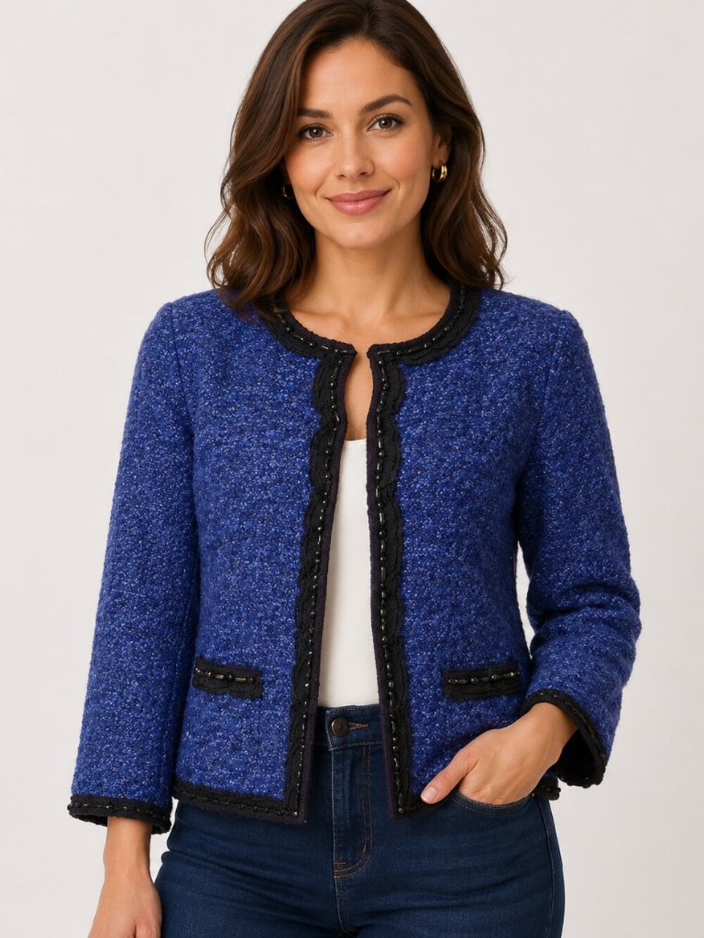 Cardigan Sweater Blue Black Beading Boucle Like 3/4 sleeves Petite NWT Size P/P